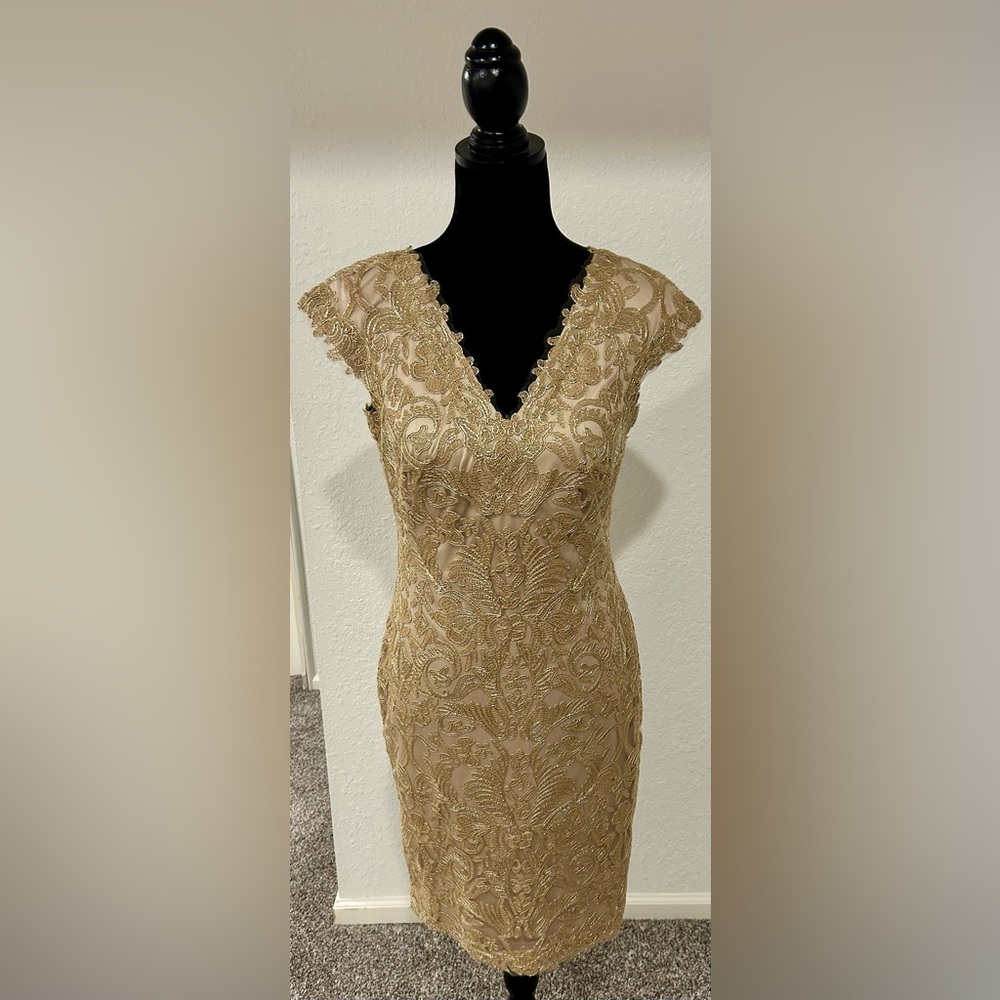 Tadashi Shoji Elegant Gold Emboidered Lace Dress